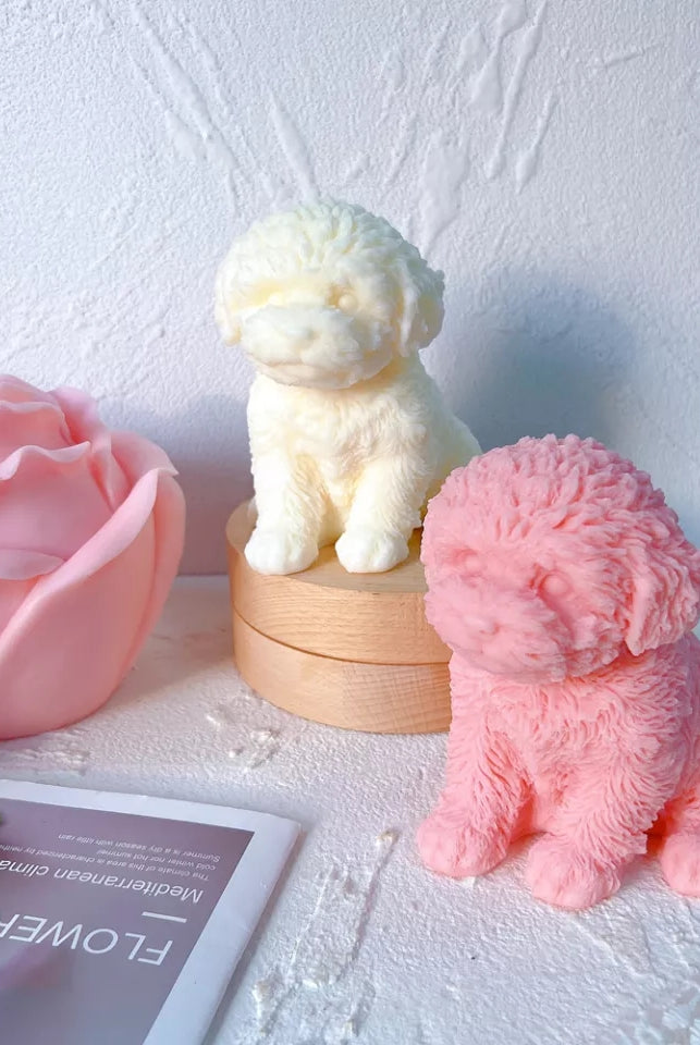 Puppy Candle Mould 3 - Silicone Mould, Mold for DIY Candles. Created using candle making kit with cotton candle wicks and candle colour chips. Using soy wax for pillar candles. Sold by Myka Candles Moulds Australia