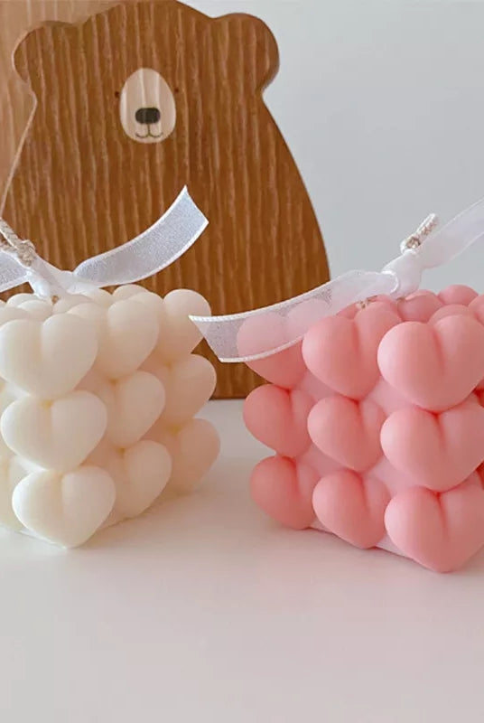 Heart Cube Candle Moulds 2 - Silicone Mould, Mold for DIY Candles. Created using candle making kit with cotton candle wicks and candle colour chips. Using soy wax for pillar candles. Sold by Myka Candles Moulds Australia