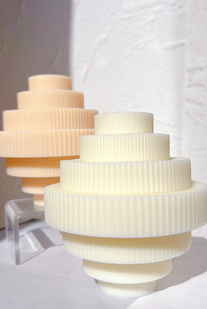 Ribbed Chandelier Candle Mould 6 - Silicone Mould, Mold for DIY Candles. Created using candle making kit with cotton candle wicks and candle colour chips. Using soy wax for pillar candles. Sold by Myka Candles Moulds Australia