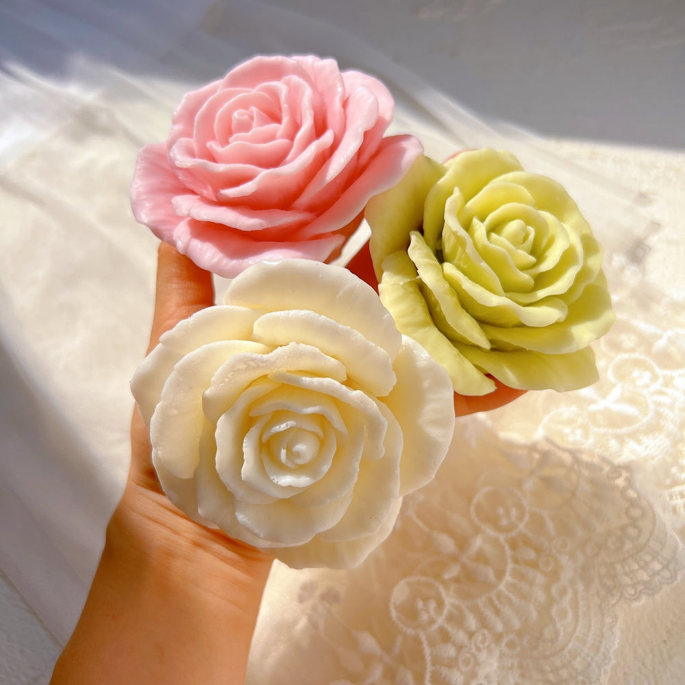Blooming Rose Candle Mould 7 - Silicone Mould, Mold for DIY Candles. Created using candle making kit with cotton candle wicks and candle colour chips. Using soy wax for pillar candles. Sold by Myka Candles Moulds Australia