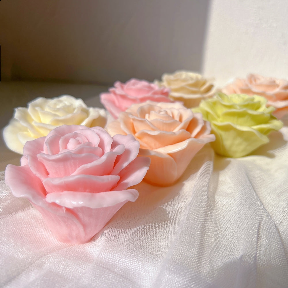 Blooming Rose Candle Mould 6 - Silicone Mould, Mold for DIY Candles. Created using candle making kit with cotton candle wicks and candle colour chips. Using soy wax for pillar candles. Sold by Myka Candles Moulds Australia