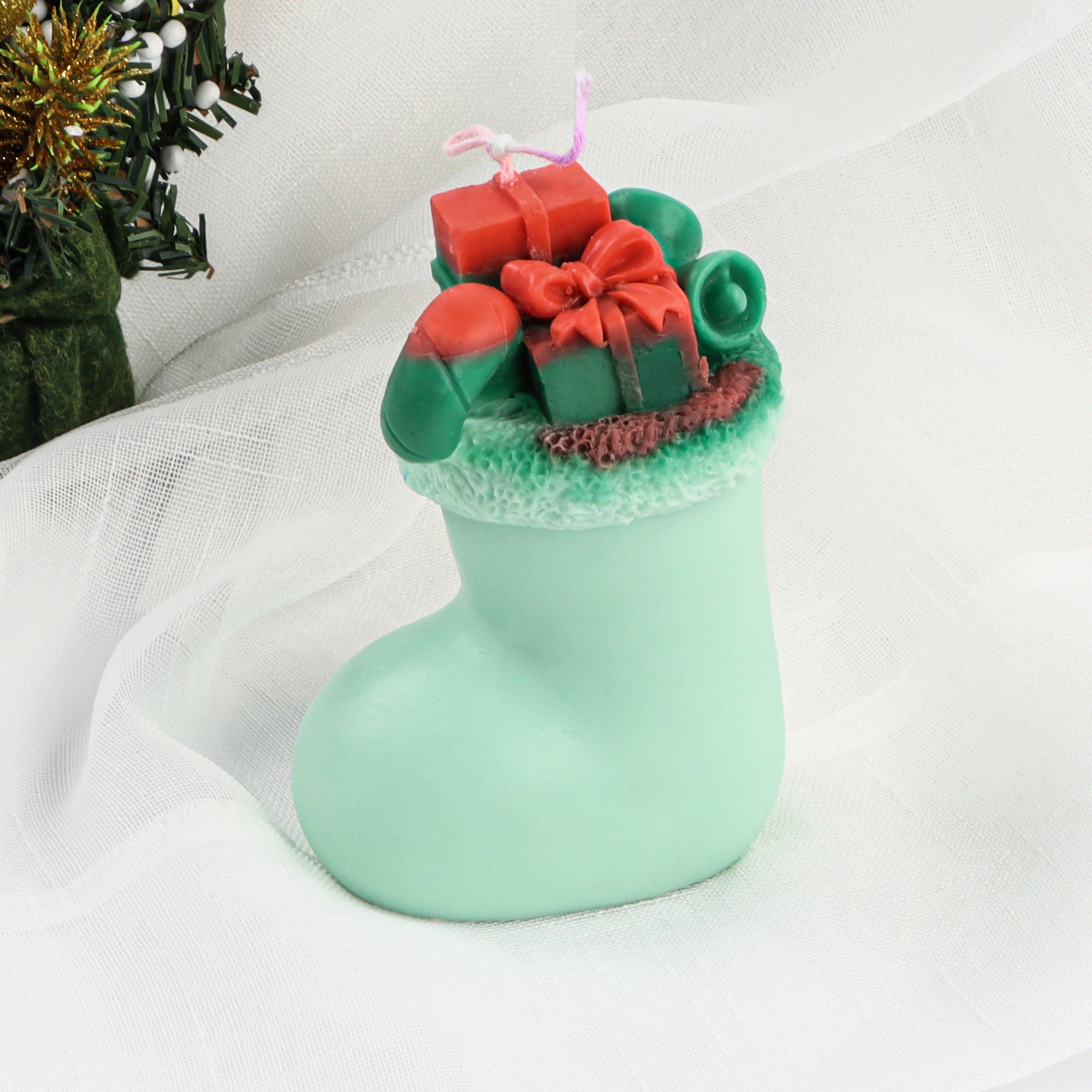 Christmas Stocking Candle Mould 2 - Silicone Mould, Mold for DIY Candles. Created using candle making kit with cotton candle wicks and candle colour chips. Using soy wax for pillar candles. Sold by Myka Candles Moulds Australia