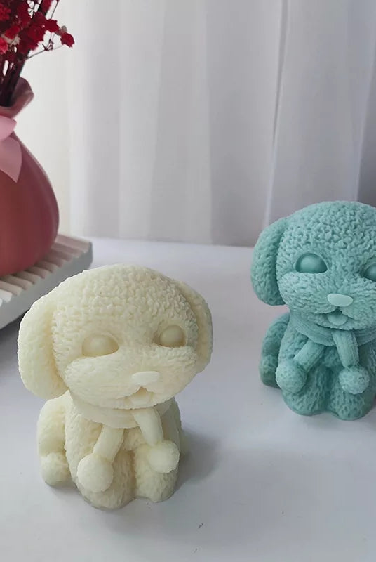 Warm Puppy Candle Mould 2 - Silicone Mould, Mold for DIY Candles. Created using candle making kit with cotton candle wicks and candle colour chips. Using soy wax for pillar candles. Sold by Myka Candles Moulds Australia
