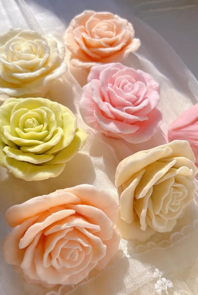 Blooming Rose Candle Mould 1 - Silicone Mould, Mold for DIY Candles. Created using candle making kit with cotton candle wicks and candle colour chips. Using soy wax for pillar candles. Sold by Myka Candles Moulds Australia