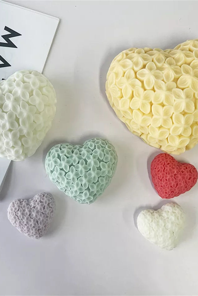 Flower Heart Candle Mould 3 - Silicone Mould, Mold for DIY Candles. Created using candle making kit with cotton candle wicks and candle colour chips. Using soy wax for pillar candles. Sold by Myka Candles Moulds Australia