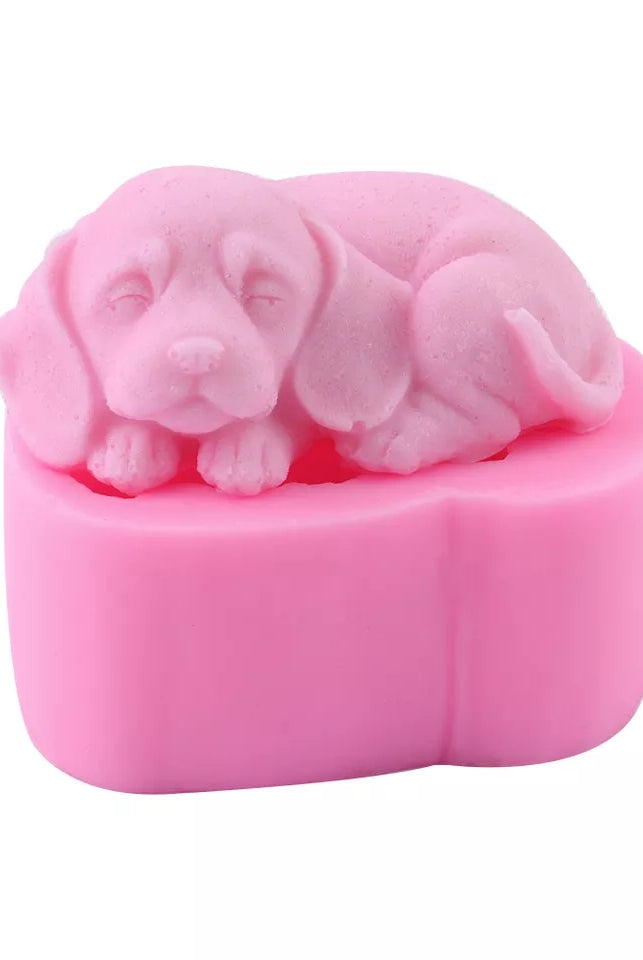 Sleeping Puppy Candle Mould 1 - Silicone Mould, Mold for DIY Candles. Created using candle making kit with cotton candle wicks and candle colour chips. Using soy wax for pillar candles. Sold by Myka Candles Moulds Australia