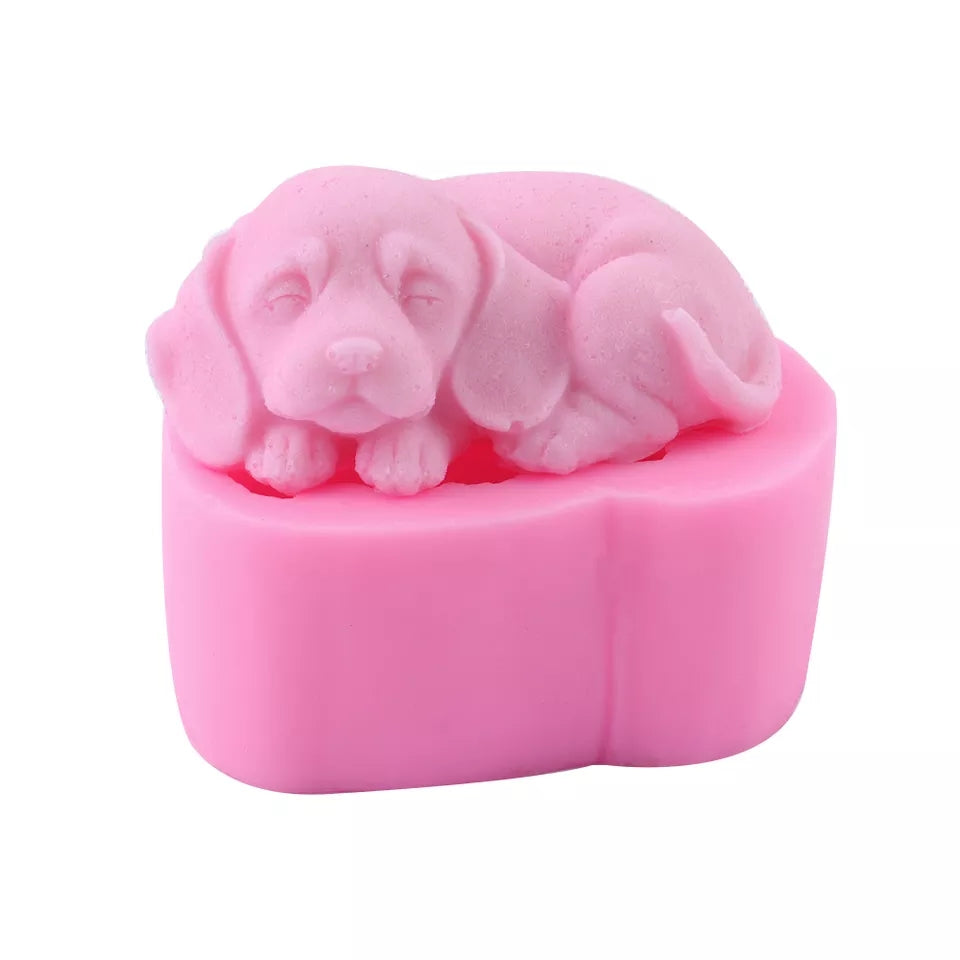 Sleeping Puppy Candle Mould 1 - Silicone Mould, Mold for DIY Candles. Created using candle making kit with cotton candle wicks and candle colour chips. Using soy wax for pillar candles. Sold by Myka Candles Moulds Australia