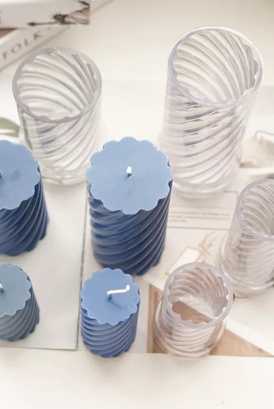 Spiral Pillar Candle Moulds 1 - Silicone Mould, Mold for DIY Candles. Created using candle making kit with cotton candle wicks and candle colour chips. Using soy wax for pillar candles. Sold by Myka Candles Moulds Australia
