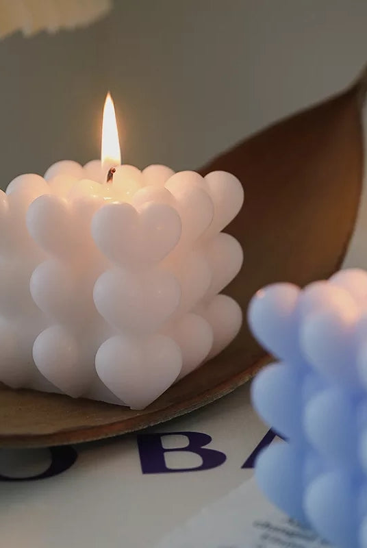 Heart Cube Candle Moulds 1 - Silicone Mould, Mold for DIY Candles. Created using candle making kit with cotton candle wicks and candle colour chips. Using soy wax for pillar candles. Sold by Myka Candles Moulds Australia