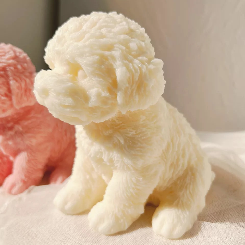 Puppy Candle Mould 1 - Silicone Mould, Mold for DIY Candles. Created using candle making kit with cotton candle wicks and candle colour chips. Using soy wax for pillar candles. Sold by Myka Candles Moulds Australia