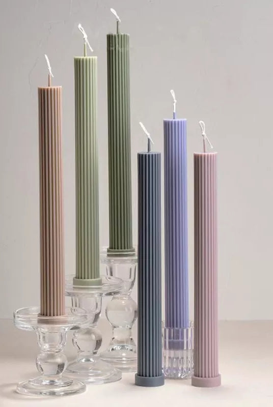 Base Ribbed Pillar Candle Mould 1 - Silicone Mould, Mold for DIY Candles. Created using candle making kit with cotton candle wicks and candle colour chips. Using soy wax for pillar candles. Sold by Myka Candles Moulds Australia