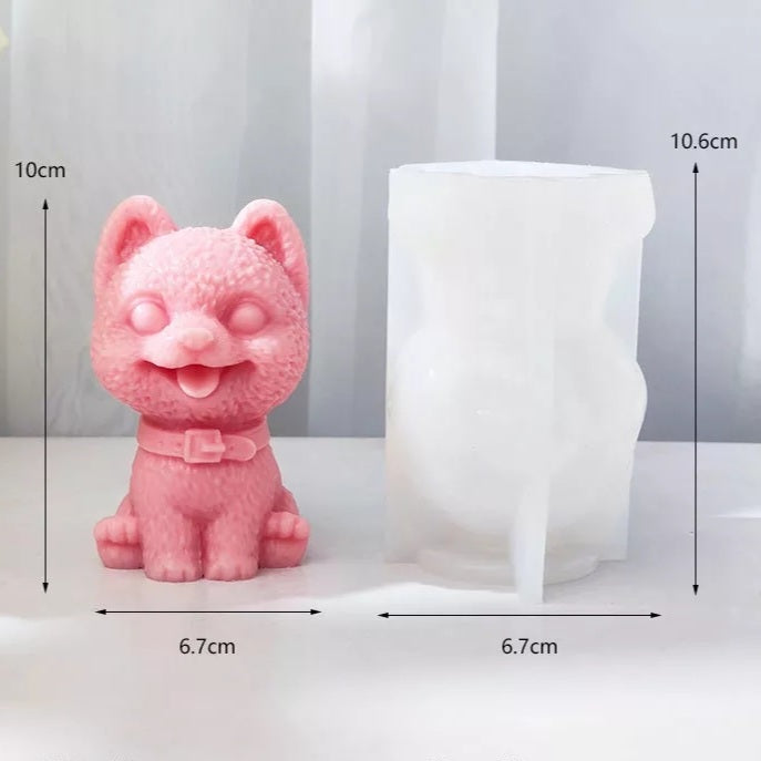 Happy Dog Candle Mould 3 - Silicone Mould, Mold for DIY Candles. Created using candle making kit with cotton candle wicks and candle colour chips. Using soy wax for pillar candles. Sold by Myka Candles Moulds Australia