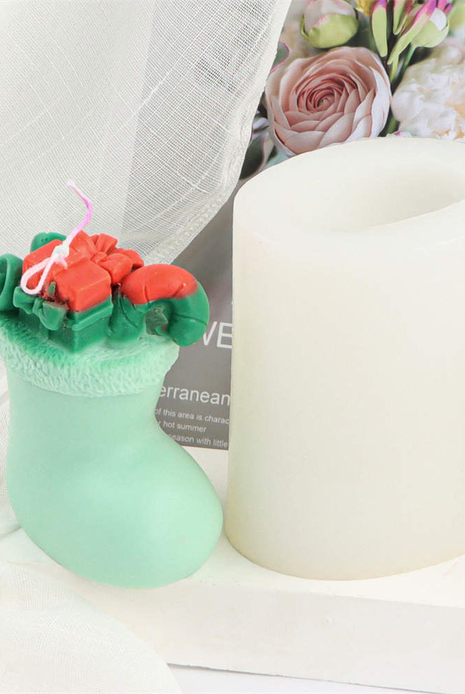Christmas Stocking Candle Mould 3 - Silicone Mould, Mold for DIY Candles. Created using candle making kit with cotton candle wicks and candle colour chips. Using soy wax for pillar candles. Sold by Myka Candles Moulds Australia