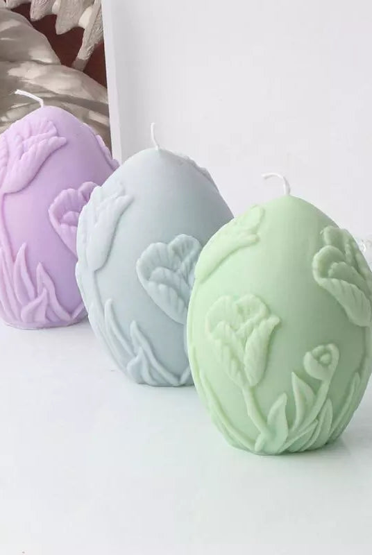 Floral Egg Candle Moulds 6 - Silicone Mould, Mold for DIY Candles. Created using candle making kit with cotton candle wicks and candle colour chips. Using soy wax for pillar candles. Sold by Myka Candles Moulds Australia