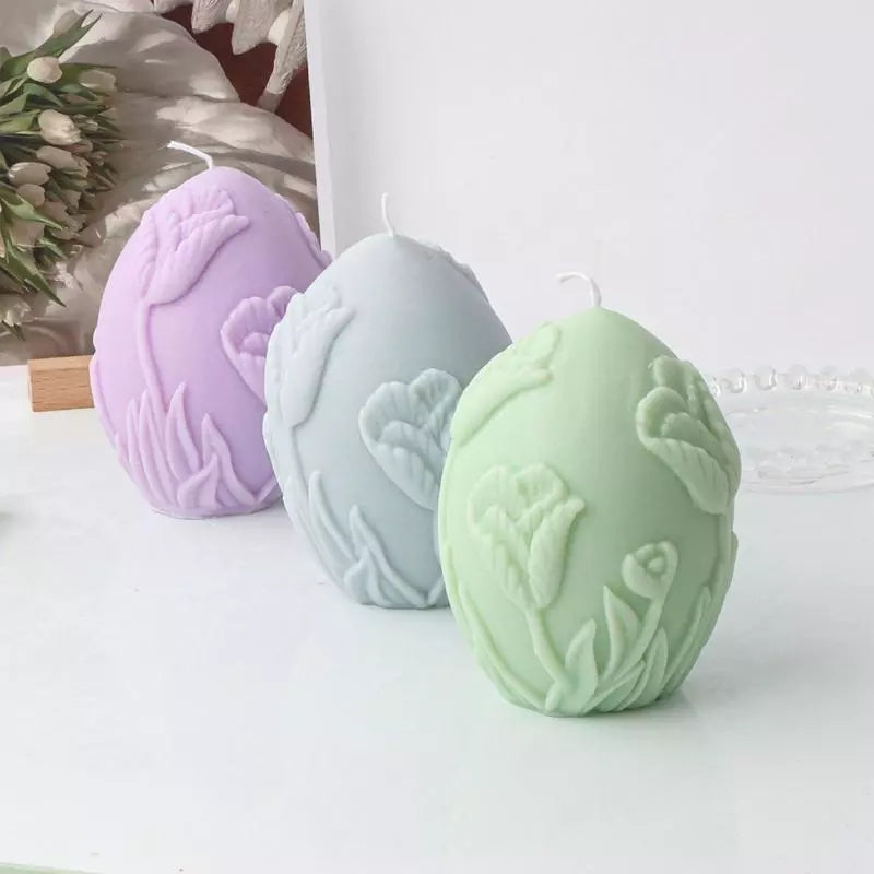 Floral Egg Candle Moulds 6 - Silicone Mould, Mold for DIY Candles. Created using candle making kit with cotton candle wicks and candle colour chips. Using soy wax for pillar candles. Sold by Myka Candles Moulds Australia