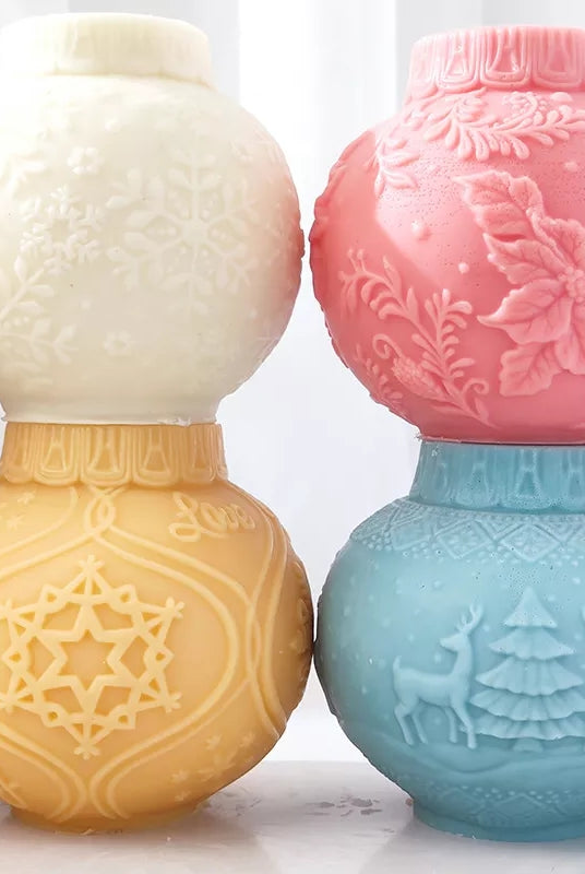 Christmas Bauble Candle Moulds 1 - Silicone Mould, Mold for DIY Candles. Created using candle making kit with cotton candle wicks and candle colour chips. Using soy wax for pillar candles. Sold by Myka Candles Moulds Australia