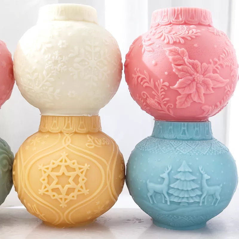 Christmas Bauble Candle Moulds 1 - Silicone Mould, Mold for DIY Candles. Created using candle making kit with cotton candle wicks and candle colour chips. Using soy wax for pillar candles. Sold by Myka Candles Moulds Australia