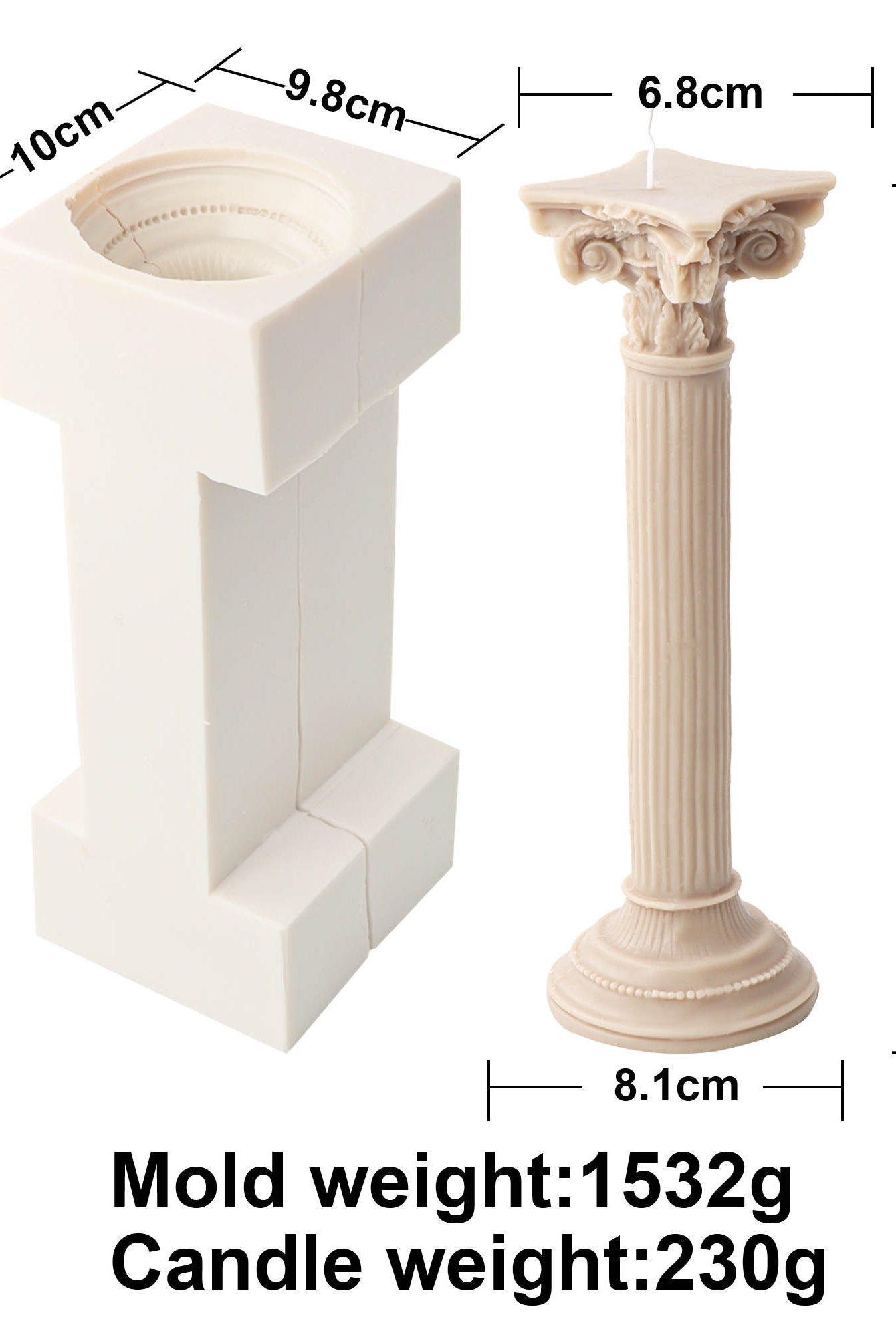 Roman Column Candle Mould 2 - Silicone Mould, Mold for DIY Candles. Created using candle making kit with cotton candle wicks and candle colour chips. Using soy wax for pillar candles. Sold by Myka Candles Moulds Australia