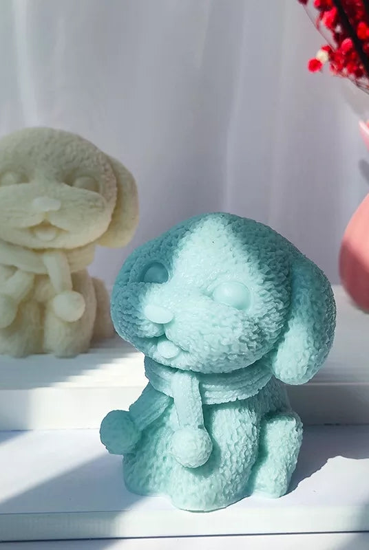 Warm Puppy Candle Mould 4 - Silicone Mould, Mold for DIY Candles. Created using candle making kit with cotton candle wicks and candle colour chips. Using soy wax for pillar candles. Sold by Myka Candles Moulds Australia