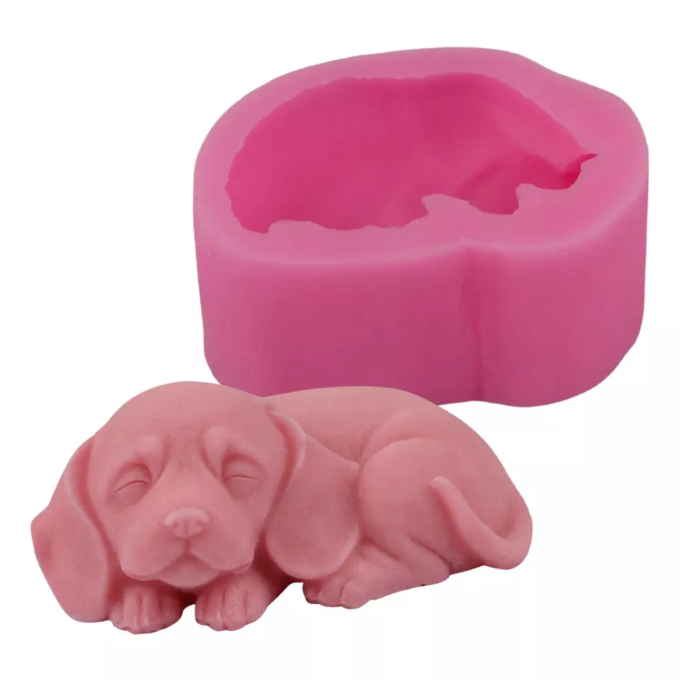Sleeping Puppy Candle Mould 0 - Silicone Mould, Mold for DIY Candles. Created using candle making kit with cotton candle wicks and candle colour chips. Using soy wax for pillar candles. Sold by Myka Candles Moulds Australia