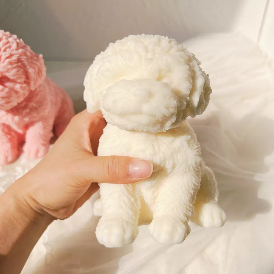 Puppy Candle Mould 0 - Silicone Mould, Mold for DIY Candles. Created using candle making kit with cotton candle wicks and candle colour chips. Using soy wax for pillar candles. Sold by Myka Candles Moulds Australia