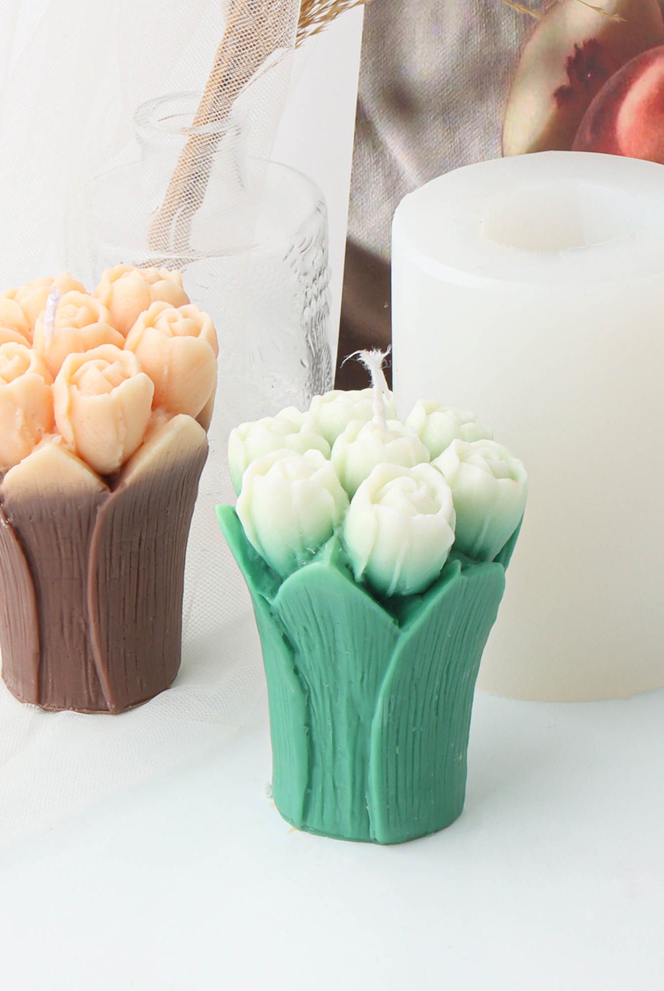 Tulip Bouquet Candle Mould 0 - Silicone Mould, Mold for DIY Candles. Created using candle making kit with cotton candle wicks and candle colour chips. Using soy wax for pillar candles. Sold by Myka Candles Moulds Australia