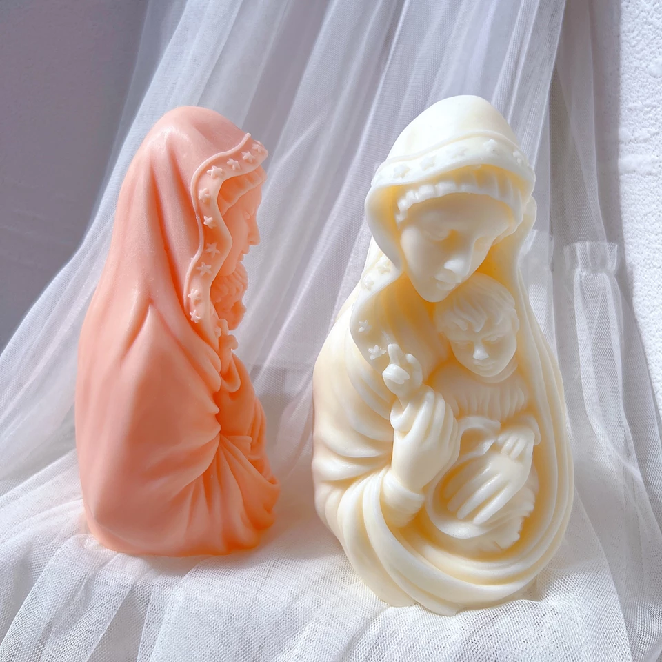 Mary Candle Mould 1 - Silicone Mould, Mold for DIY Candles. Created using candle making kit with cotton candle wicks and candle colour chips. Using soy wax for pillar candles. Sold by Myka Candles Moulds Australia