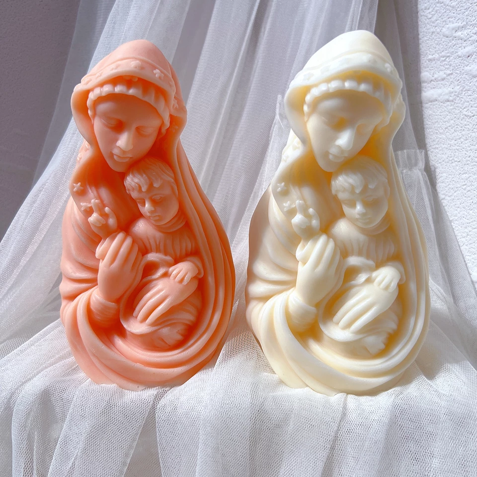 Mary Candle Mould 0 - Silicone Mould, Mold for DIY Candles. Created using candle making kit with cotton candle wicks and candle colour chips. Using soy wax for pillar candles. Sold by Myka Candles Moulds Australia