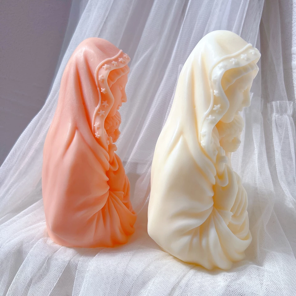 Mary Candle Mould 3 - Silicone Mould, Mold for DIY Candles. Created using candle making kit with cotton candle wicks and candle colour chips. Using soy wax for pillar candles. Sold by Myka Candles Moulds Australia