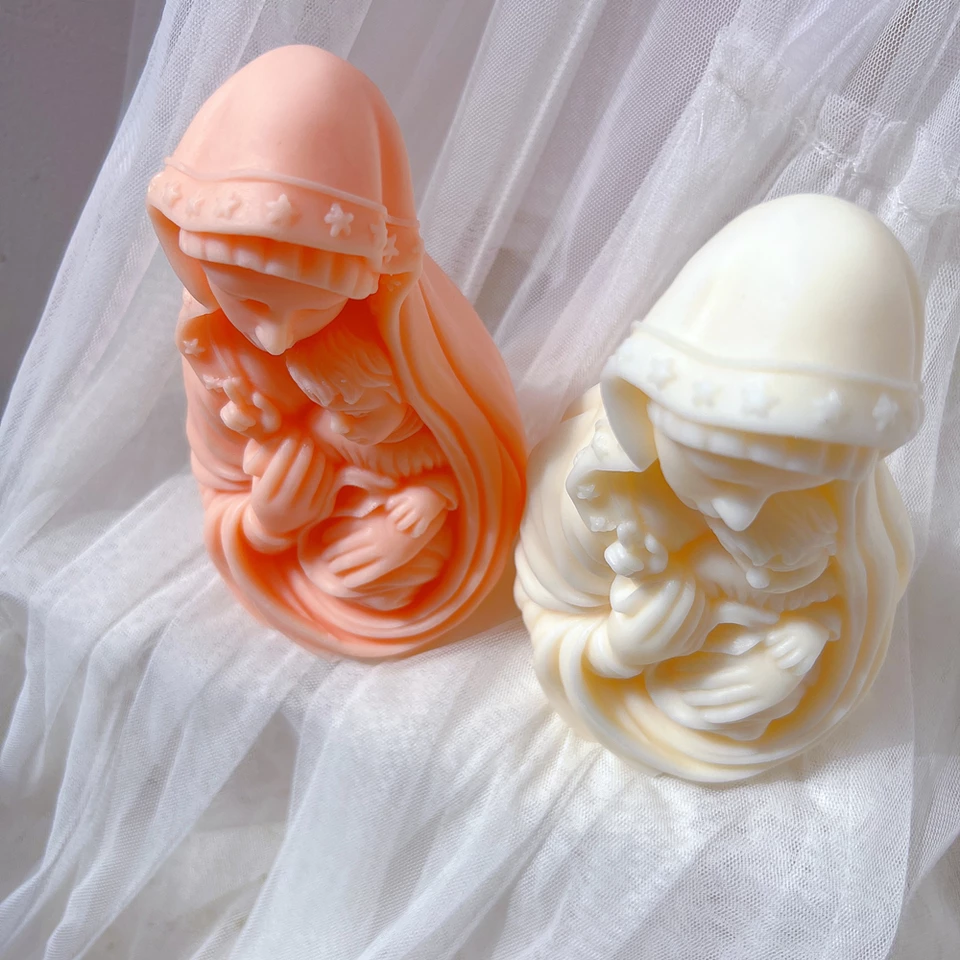 Mary Candle Mould 4 - Silicone Mould, Mold for DIY Candles. Created using candle making kit with cotton candle wicks and candle colour chips. Using soy wax for pillar candles. Sold by Myka Candles Moulds Australia