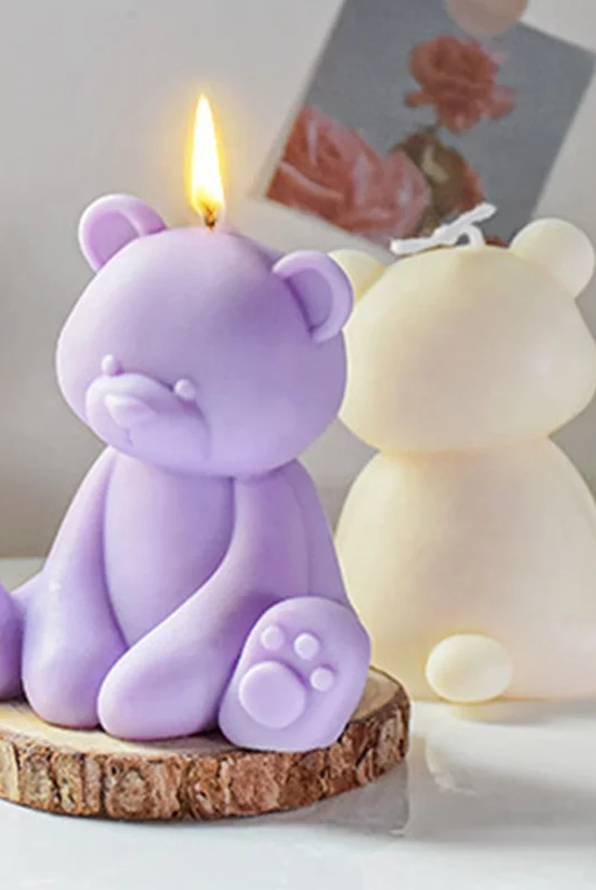 Teddy Bear Candle Mould 1 - Silicone Mould, Mold for DIY Candles. Created using candle making kit with cotton candle wicks and candle colour chips. Using soy wax for pillar candles. Sold by Myka Candles Moulds Australia