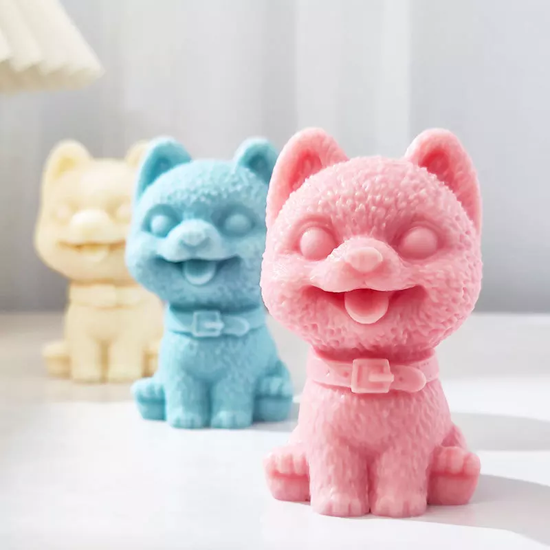 Happy Dog Candle Mould 0 - Silicone Mould, Mold for DIY Candles. Created using candle making kit with cotton candle wicks and candle colour chips. Using soy wax for pillar candles. Sold by Myka Candles Moulds Australia