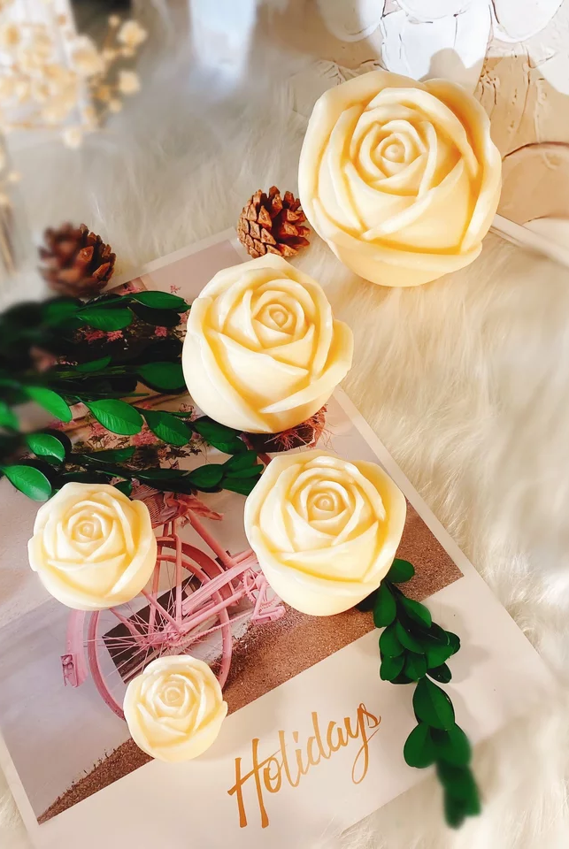 Rose Candle Moulds 1 - Silicone Mould, Mold for DIY Candles. Created using candle making kit with cotton candle wicks and candle colour chips. Using soy wax for pillar candles. Sold by Myka Candles Moulds Australia