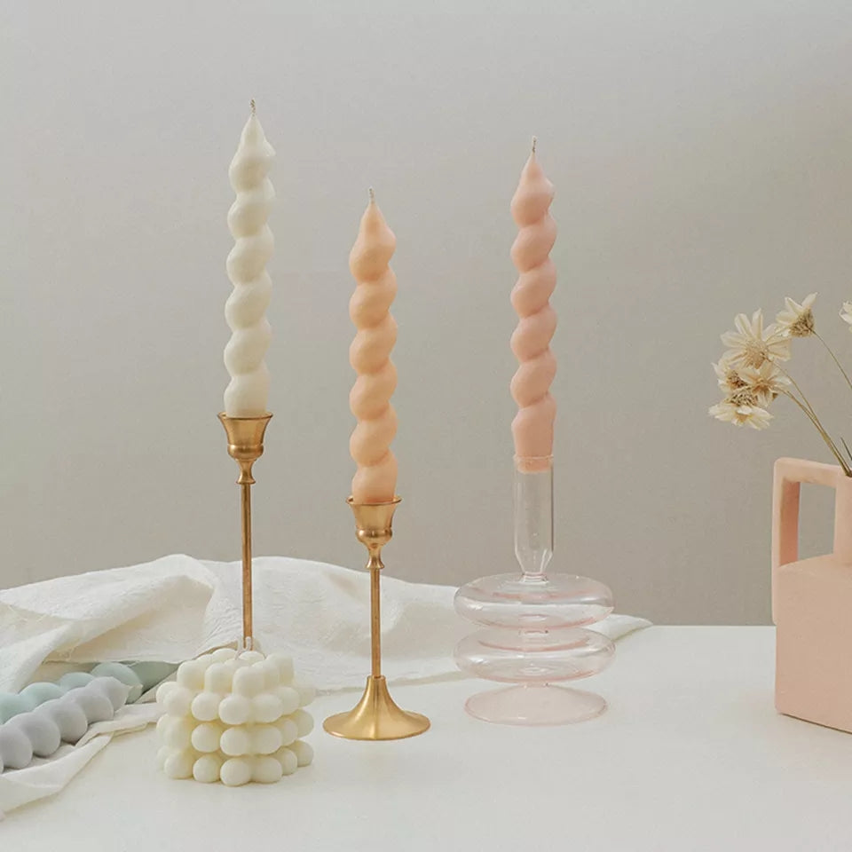 Twisted Pillar Candle Mould 3 - Silicone Mould, Mold for DIY Candles. Created using candle making kit with cotton candle wicks and candle colour chips. Using soy wax for pillar candles. Sold by Myka Candles Moulds Australia