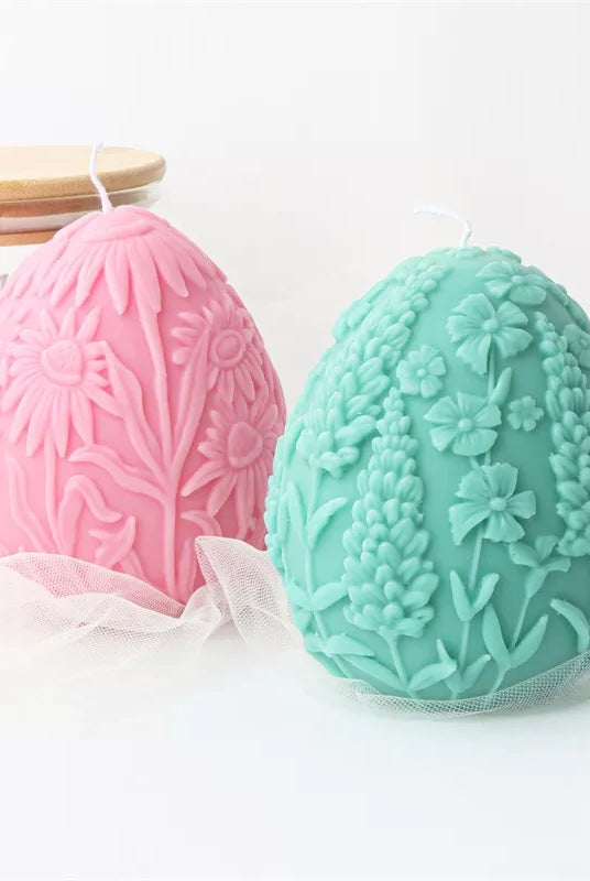 Floral Egg Candle Moulds 1 - Silicone Mould, Mold for DIY Candles. Created using candle making kit with cotton candle wicks and candle colour chips. Using soy wax for pillar candles. Sold by Myka Candles Moulds Australia