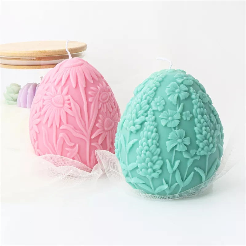 Floral Egg Candle Moulds 1 - Silicone Mould, Mold for DIY Candles. Created using candle making kit with cotton candle wicks and candle colour chips. Using soy wax for pillar candles. Sold by Myka Candles Moulds Australia