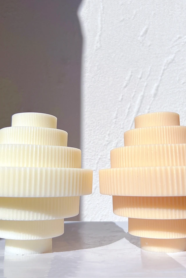 Ribbed Chandelier Candle Mould 1 - Silicone Mould, Mold for DIY Candles. Created using candle making kit with cotton candle wicks and candle colour chips. Using soy wax for pillar candles. Sold by Myka Candles Moulds Australia