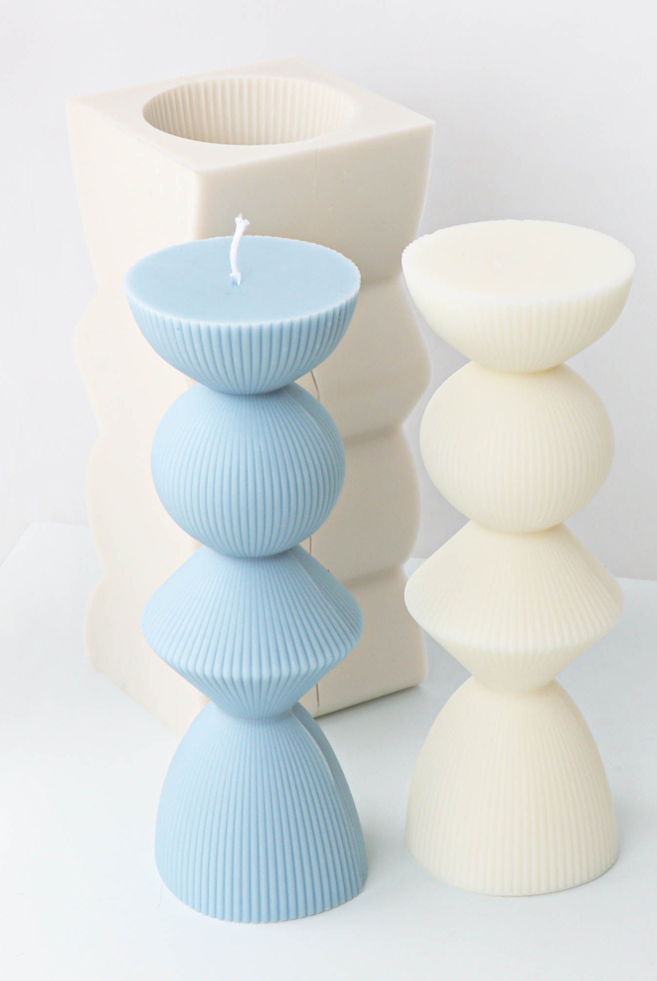 Ribbed Geometric Pillar Candle Mould 1 - Silicone Mould, Mold for DIY Candles. Created using candle making kit with cotton candle wicks and candle colour chips. Using soy wax for pillar candles. Sold by Myka Candles Moulds Australia