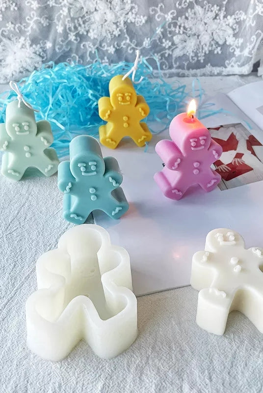 Gingerbread Man Candle Mould 3 - Silicone Mould, Mold for DIY Candles. Created using candle making kit with cotton candle wicks and candle colour chips. Using soy wax for pillar candles. Sold by Myka Candles Moulds Australia