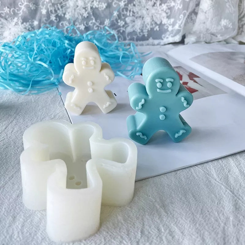 Gingerbread Man Candle Mould 4 - Silicone Mould, Mold for DIY Candles. Created using candle making kit with cotton candle wicks and candle colour chips. Using soy wax for pillar candles. Sold by Myka Candles Moulds Australia