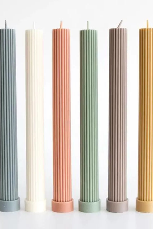 Base Ribbed Pillar Candle Mould 4 - Silicone Mould, Mold for DIY Candles. Created using candle making kit with cotton candle wicks and candle colour chips. Using soy wax for pillar candles. Sold by Myka Candles Moulds Australia