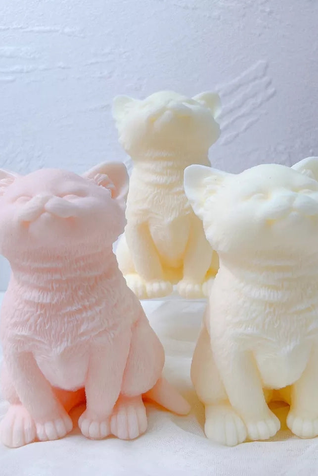 Kitten Candle Mould 6 - Silicone Mould, Mold for DIY Candles. Created using candle making kit with cotton candle wicks and candle colour chips. Using soy wax for pillar candles. Sold by Myka Candles Moulds Australia
