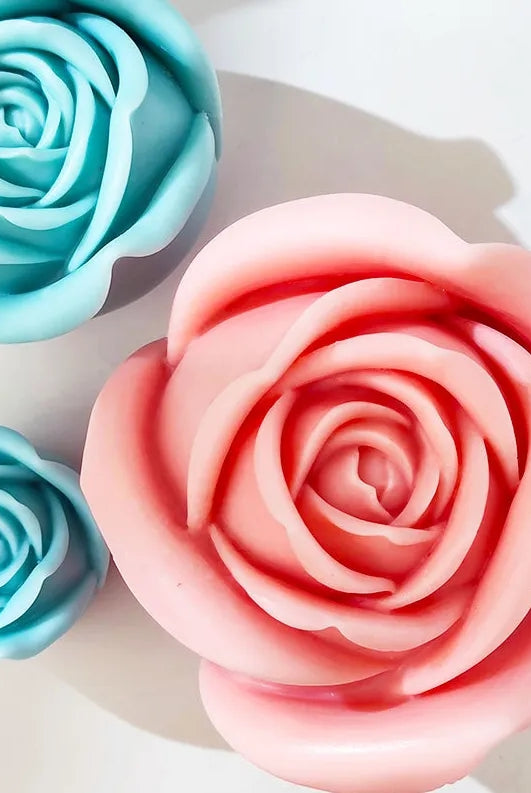 Rosebud Candle Moulds 2 - Silicone Mould, Mold for DIY Candles. Created using candle making kit with cotton candle wicks and candle colour chips. Using soy wax for pillar candles. Sold by Myka Candles Moulds Australia