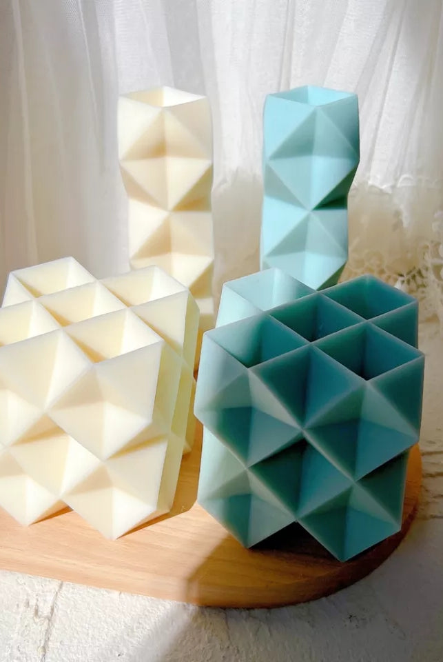 Diamond Cube Candle Mould 1 - Silicone Mould, Mold for DIY Candles. Created using candle making kit with cotton candle wicks and candle colour chips. Using soy wax for pillar candles. Sold by Myka Candles Moulds Australia