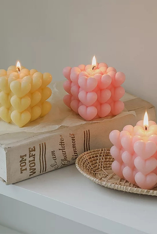 Heart Cube Candle Moulds 0 - Silicone Mould, Mold for DIY Candles. Created using candle making kit with cotton candle wicks and candle colour chips. Using soy wax for pillar candles. Sold by Myka Candles Moulds Australia