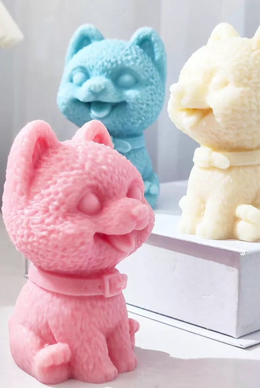 Happy Dog Candle Mould 2 - Silicone Mould, Mold for DIY Candles. Created using candle making kit with cotton candle wicks and candle colour chips. Using soy wax for pillar candles. Sold by Myka Candles Moulds Australia