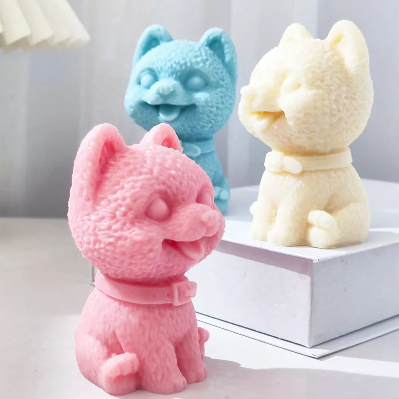 Happy Dog Candle Mould 2 - Silicone Mould, Mold for DIY Candles. Created using candle making kit with cotton candle wicks and candle colour chips. Using soy wax for pillar candles. Sold by Myka Candles Moulds Australia