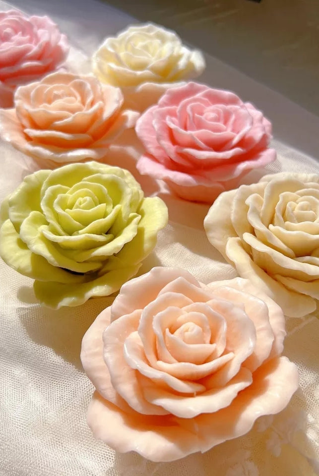 Blooming Rose Candle Mould 3 - Silicone Mould, Mold for DIY Candles. Created using candle making kit with cotton candle wicks and candle colour chips. Using soy wax for pillar candles. Sold by Myka Candles Moulds Australia