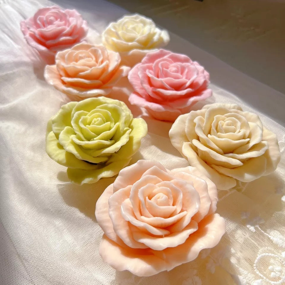 Blooming Rose Candle Mould 3 - Silicone Mould, Mold for DIY Candles. Created using candle making kit with cotton candle wicks and candle colour chips. Using soy wax for pillar candles. Sold by Myka Candles Moulds Australia