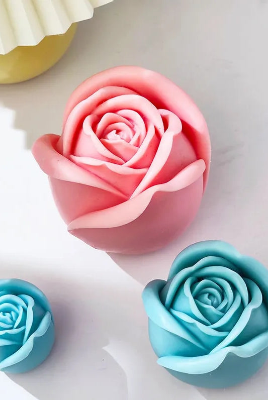 Rosebud Candle Moulds 1 - Silicone Mould, Mold for DIY Candles. Created using candle making kit with cotton candle wicks and candle colour chips. Using soy wax for pillar candles. Sold by Myka Candles Moulds Australia